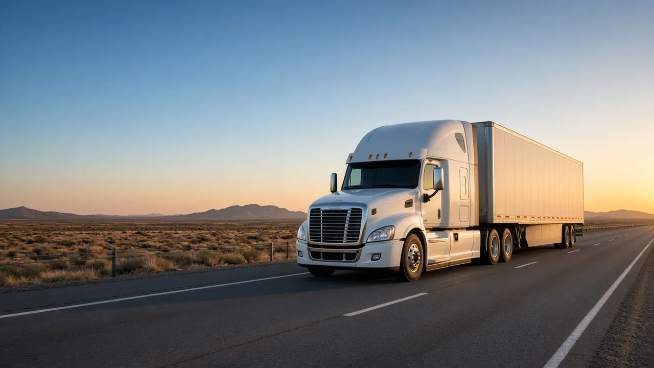 A Class A tractor-trailer on an open US highway, the kind of route our CDL recruiting ads are built around.