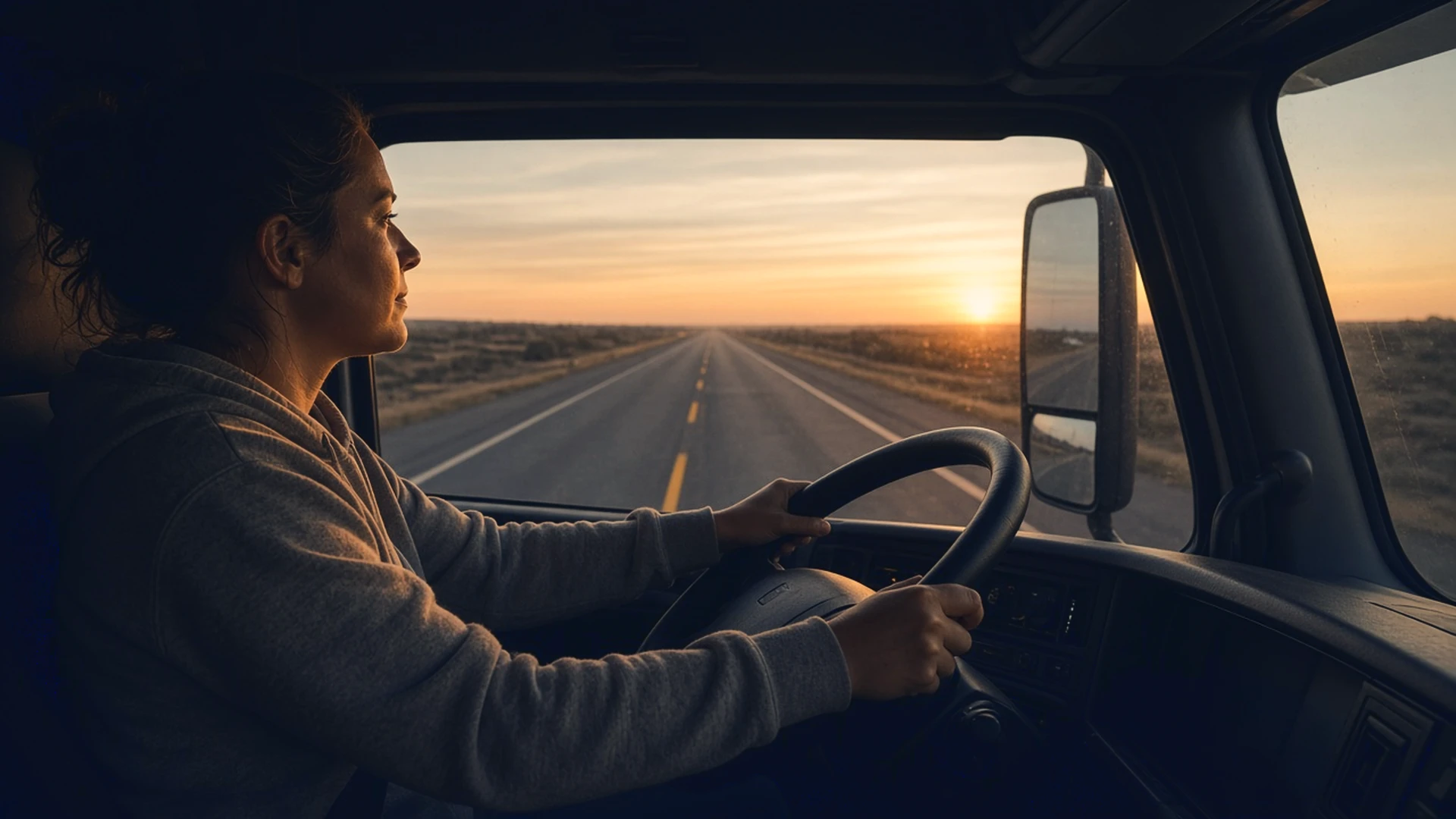 A truck driver at the wheel of a Class A tractor at dawn, looking down an empty highway.